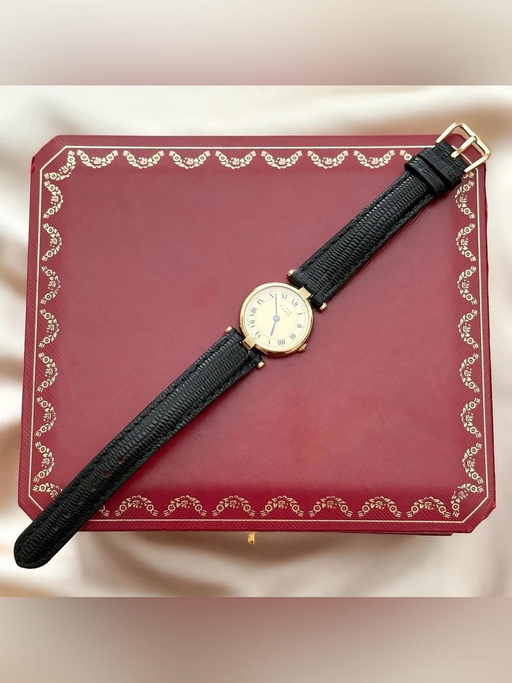 AUTHENTIC VINTAGE CARTIER BLACK LEATHER WATCH - WITH BOX - Picture 5 of 7